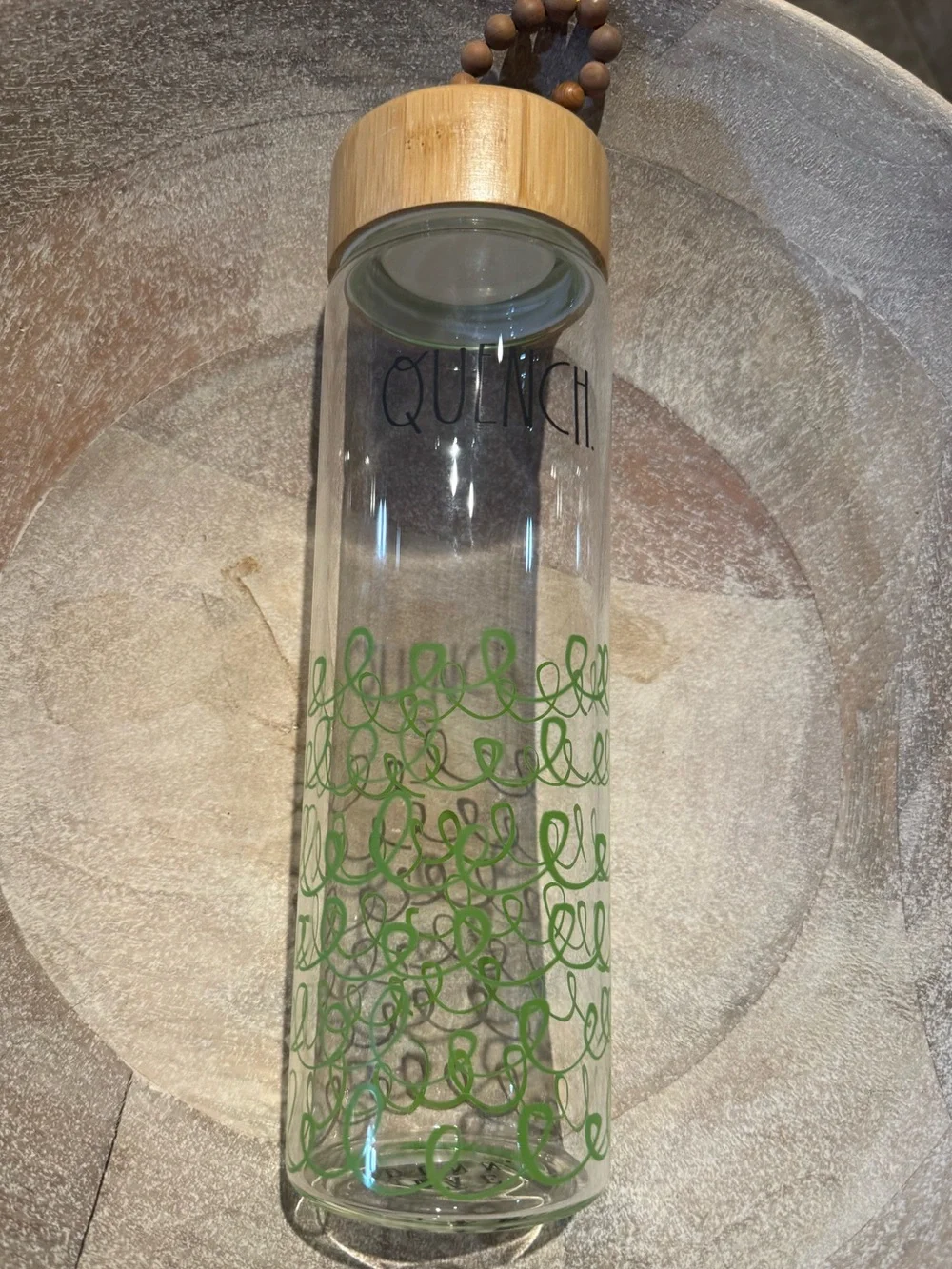 Rae Dunn Clear Glass Bottle with Green Script Detail and Bamboo Lid